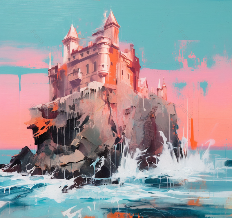 海岸线边海浪拍打礁石小岛古堡矗立夕阳日落云朵天空油画,插画/手绘图,插画/手绘图库,插画/手绘图下载,插画/手绘